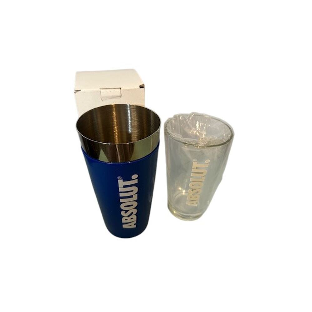 Absolute Blue Shaker Tin with Pint Glass Bar Set New in Box